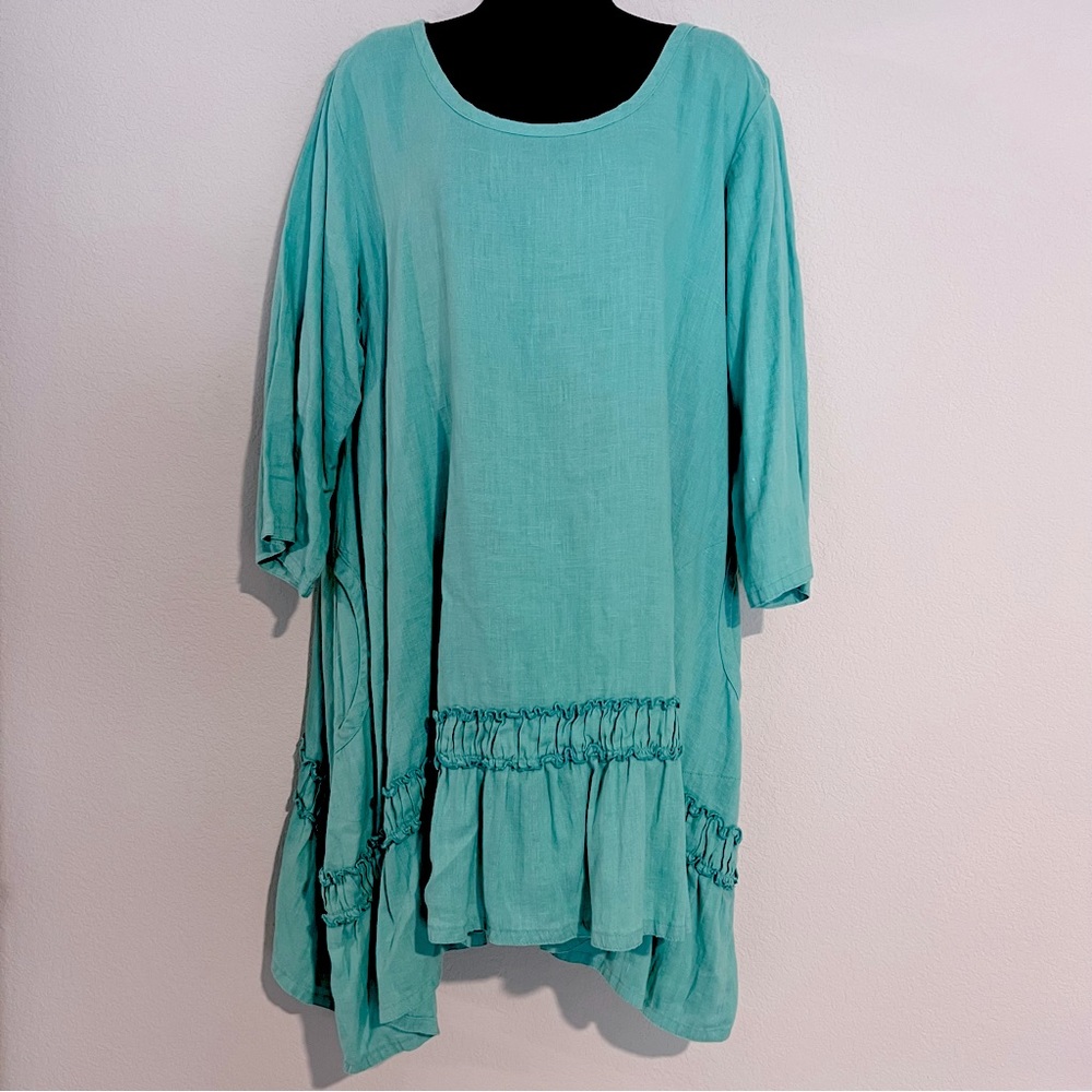 Heart’s Desire Sea Foam Green Linen Tunic Dress with Bottom Ruffle Hem L